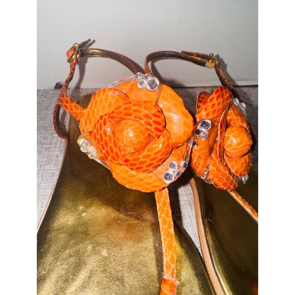Vince Camuto Orange Snake-Embossed Flat Sandals 9 Gold Leather Flower Accent - Picture 11 of 11